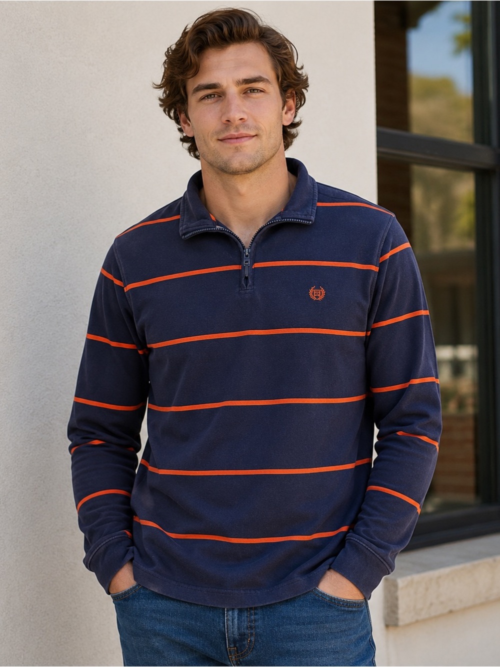 Chaps Men’s XL Navy Orange Striped Quarter Zip Rugby Polo Shirt Preppy